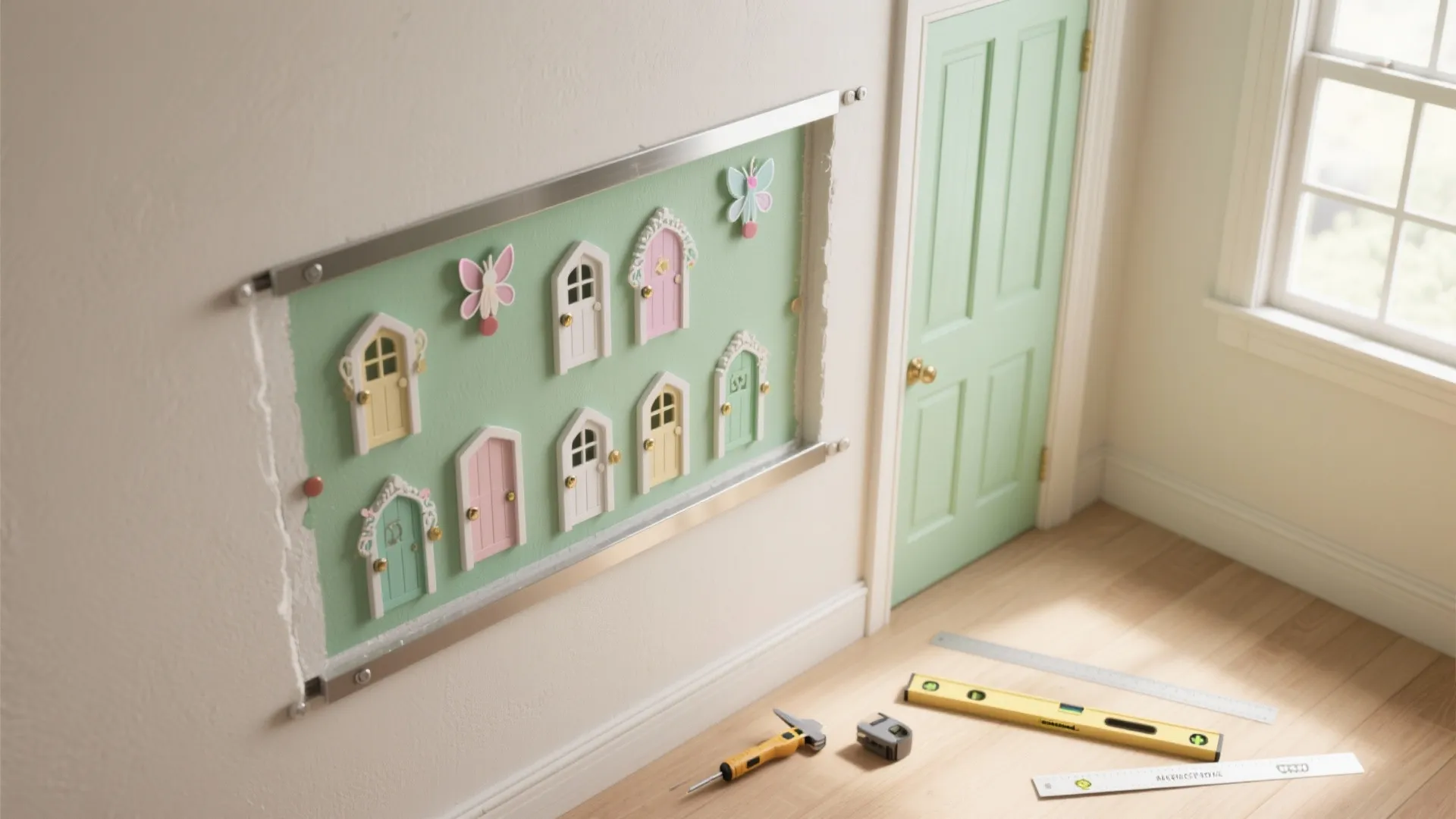Display of colorful miniature toy doors on a green wall board with various measuring tools