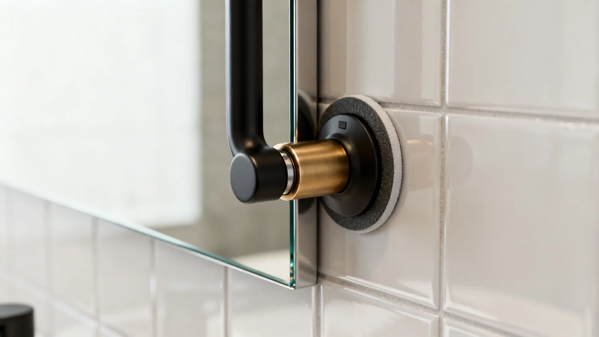 Black and gold swivel wall fixture mounted on white tiles next to a bathroom mirror