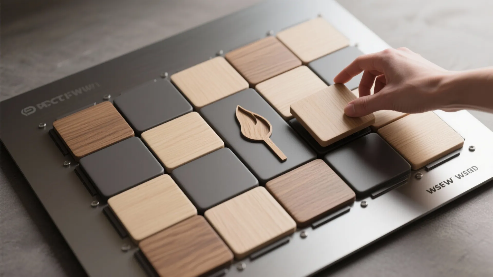 Hand placing square wooden tile on a metal board with grey samples for home flooring selection