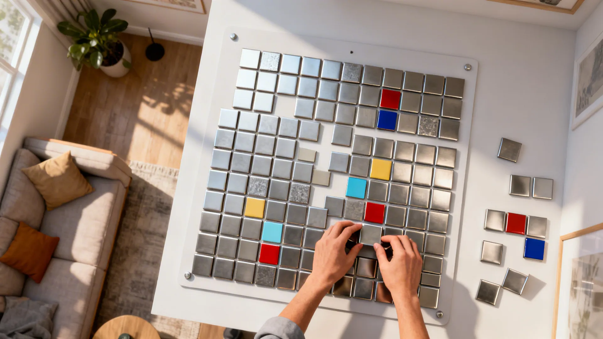 Top-down view of modular magnetic metal tiles being rearranged on a board for flexible wall patterns.