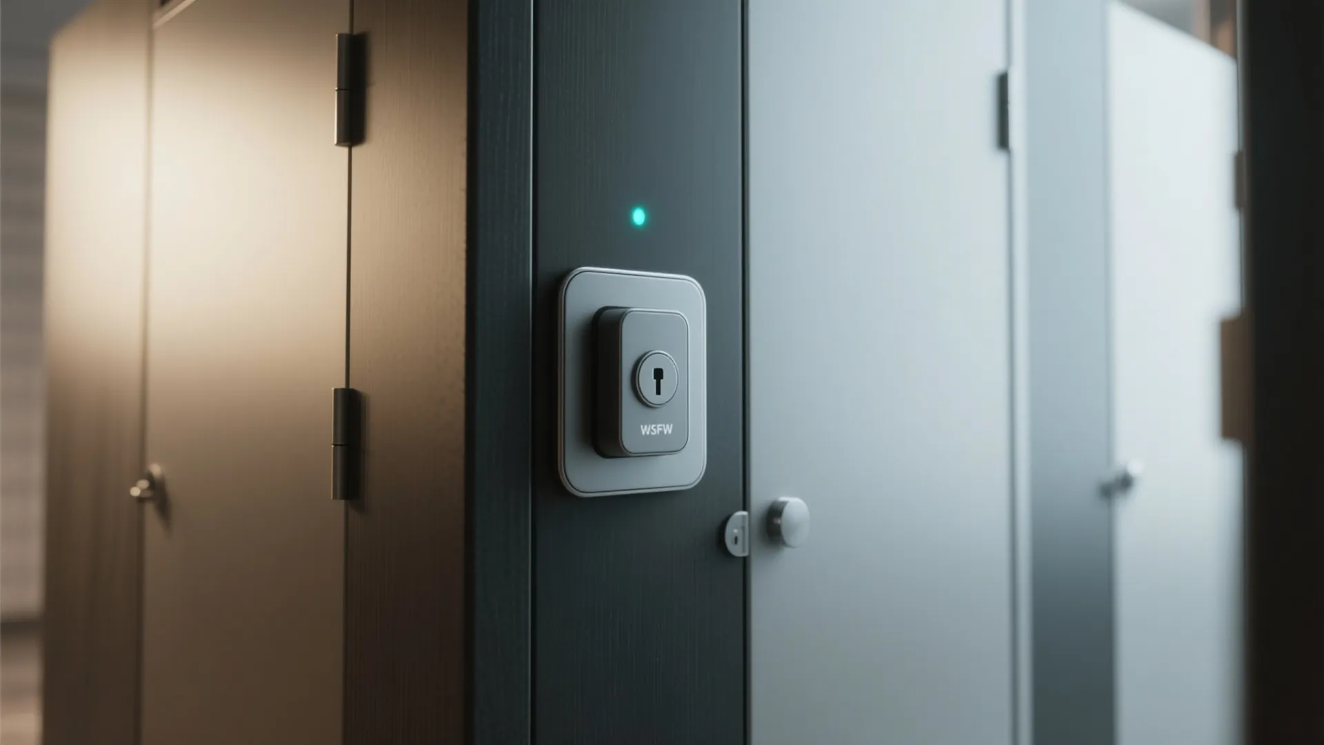 Magnetic touch lock flush-mounted on a modern stall door with LED status dot