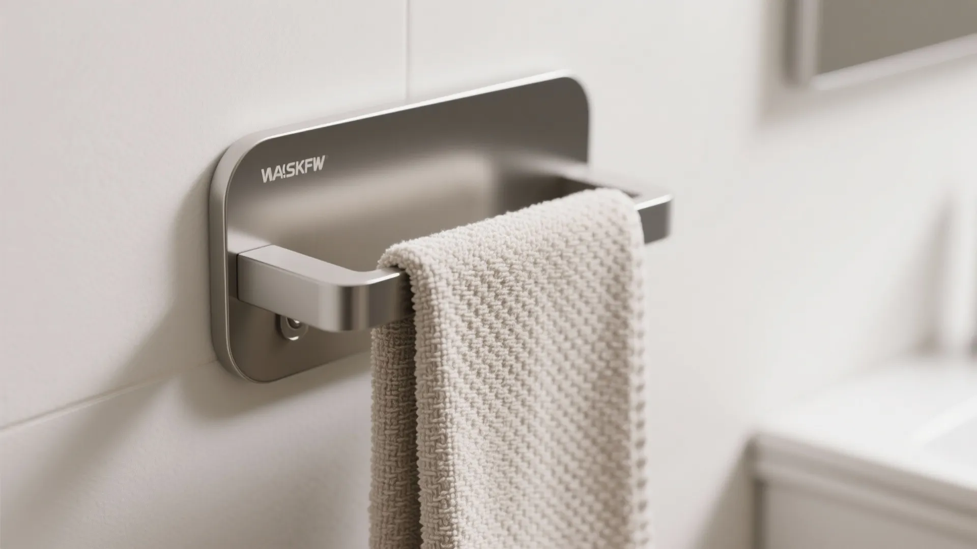 Modern metal towel rack with a small white hand towel hanging on a white wall