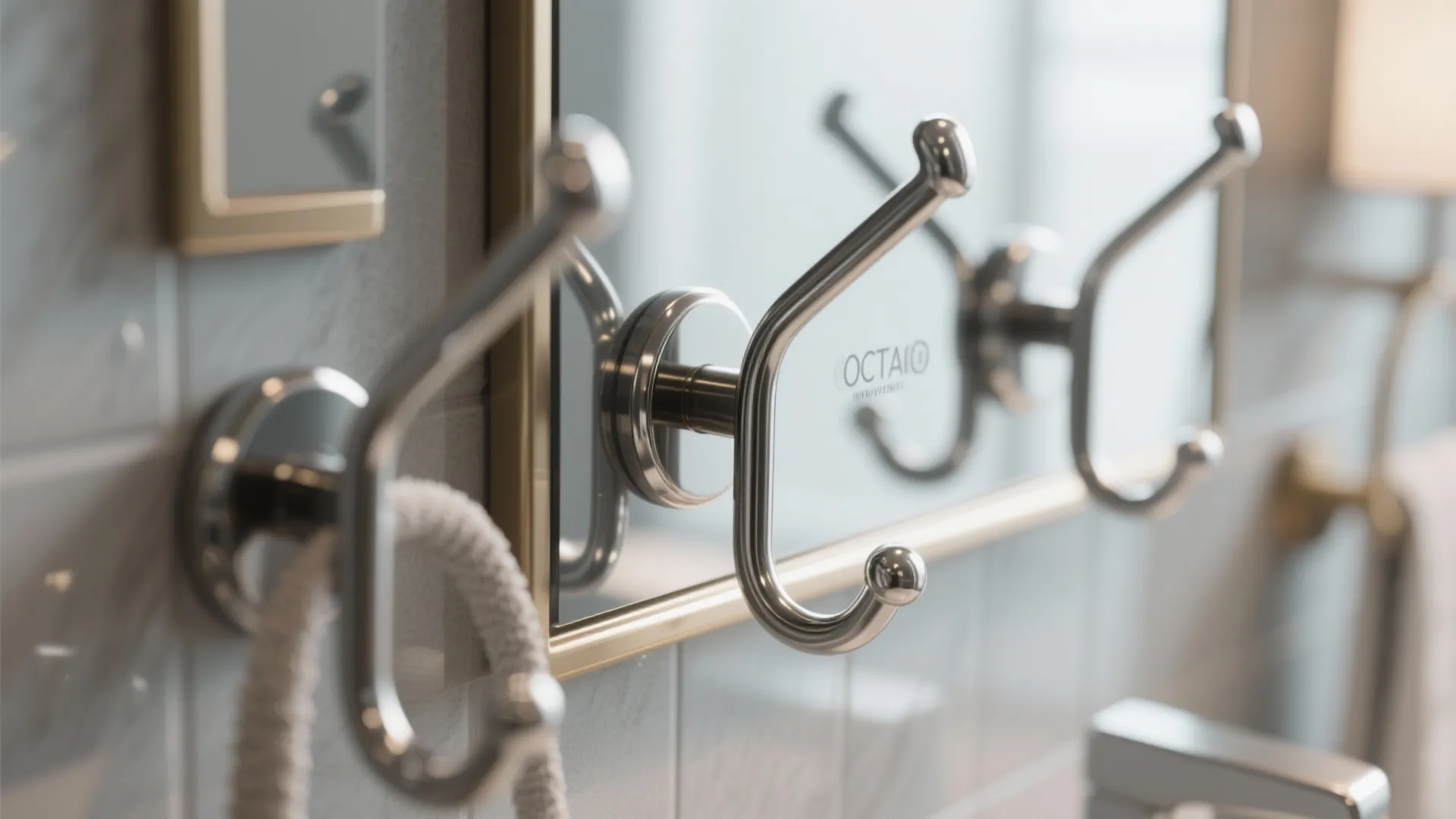 Metallic silver wall hooks attached to a bathroom mirror reflecting the white tiled wall background