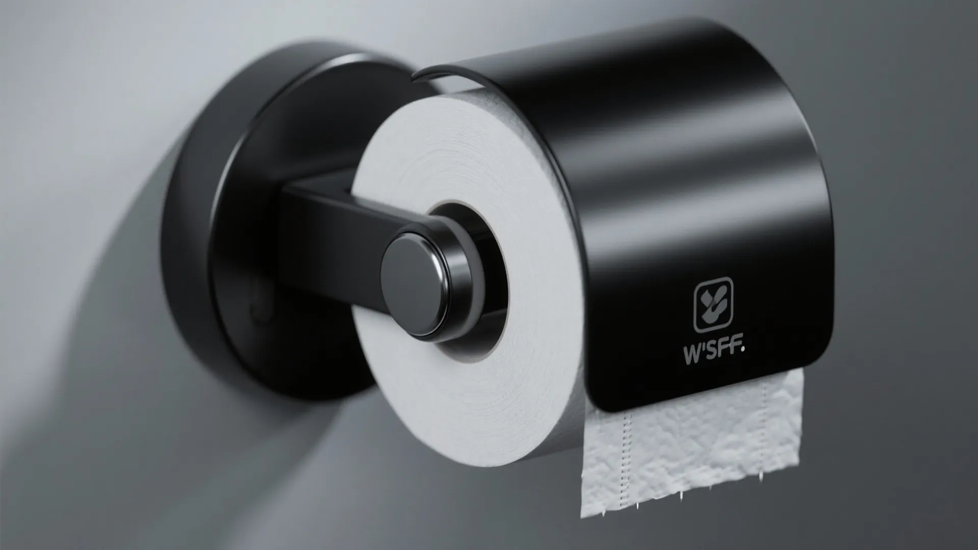 Modern black magnetic toilet paper holder with a white roll and a protective metal cover