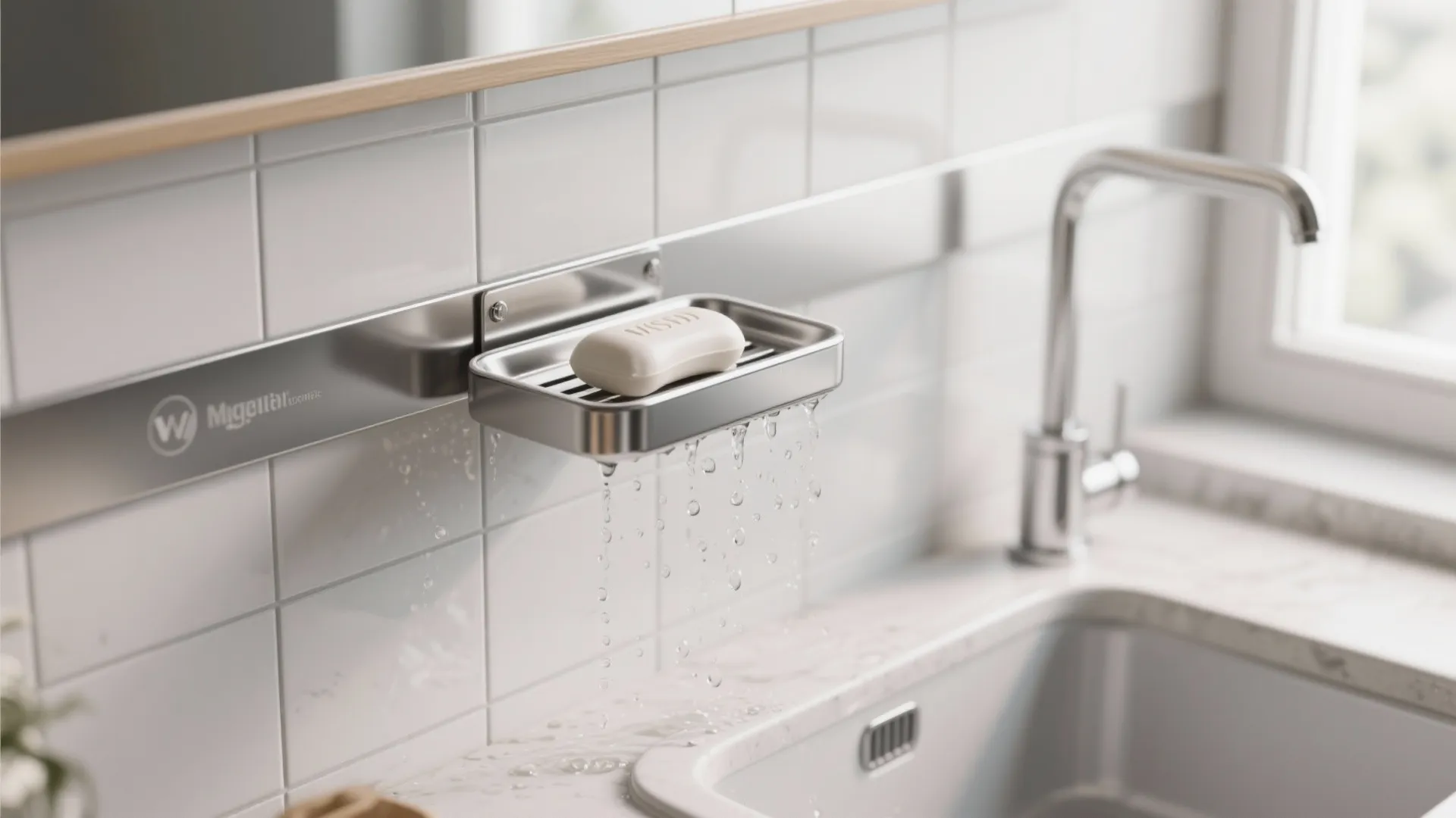 Wall mounted metal soap holder with bar soap dripping water over a white kitchen sink