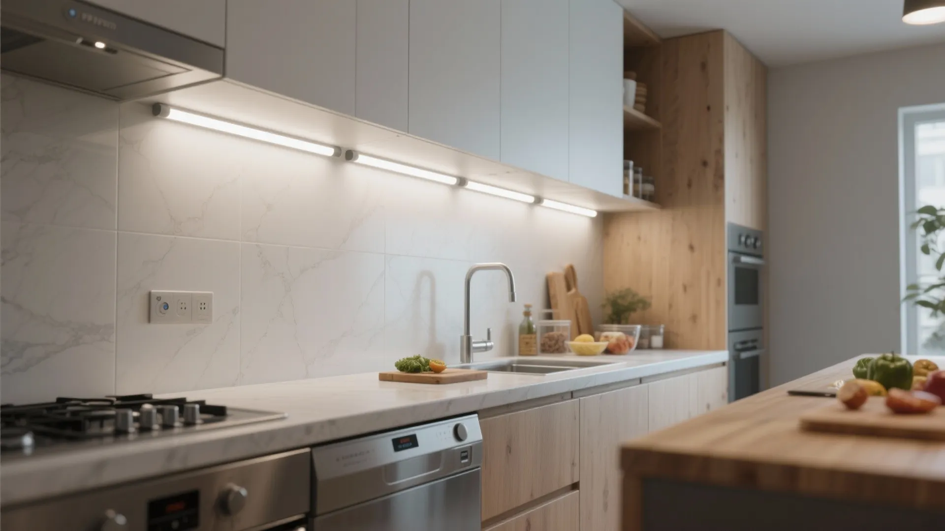 Under-cabinet magnetic LED bars brighten a galley kitchen countertop evenly.