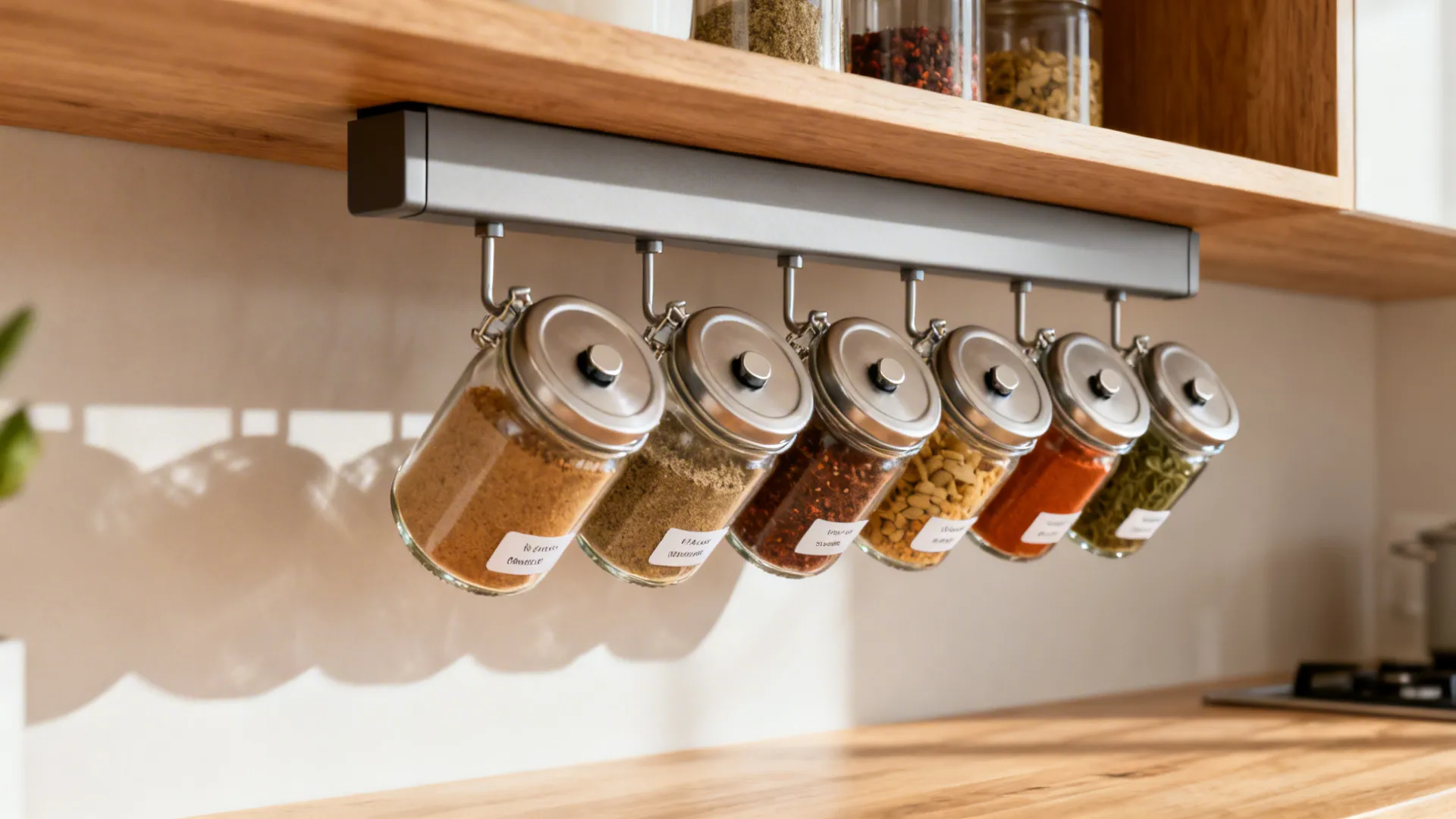 Magnetic undershelf spice rack with upside-down labeled jars under a wood shelf.