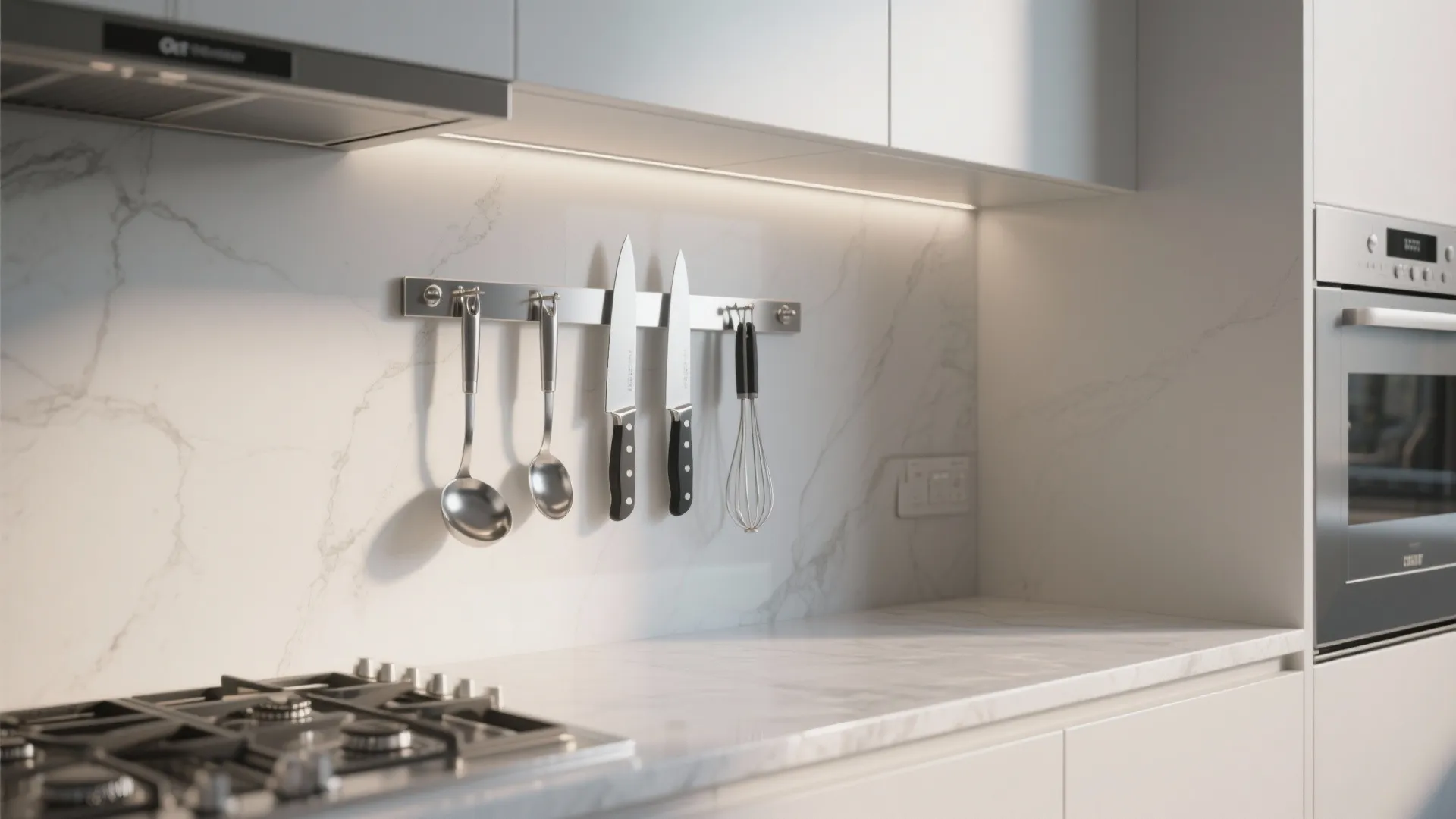 Magnetic kitchen wall strip holding metal knives and spoons above a white marble kitchen countertop
