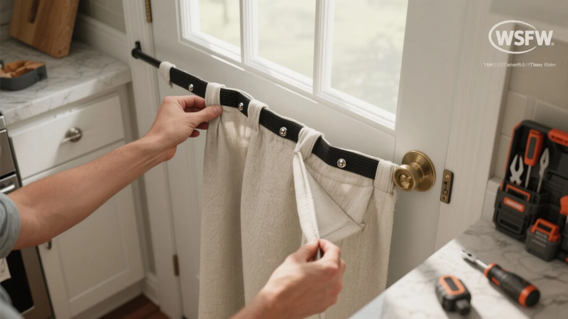 Person attaching a beige fabric curtain to a white door using a black magnetic strip