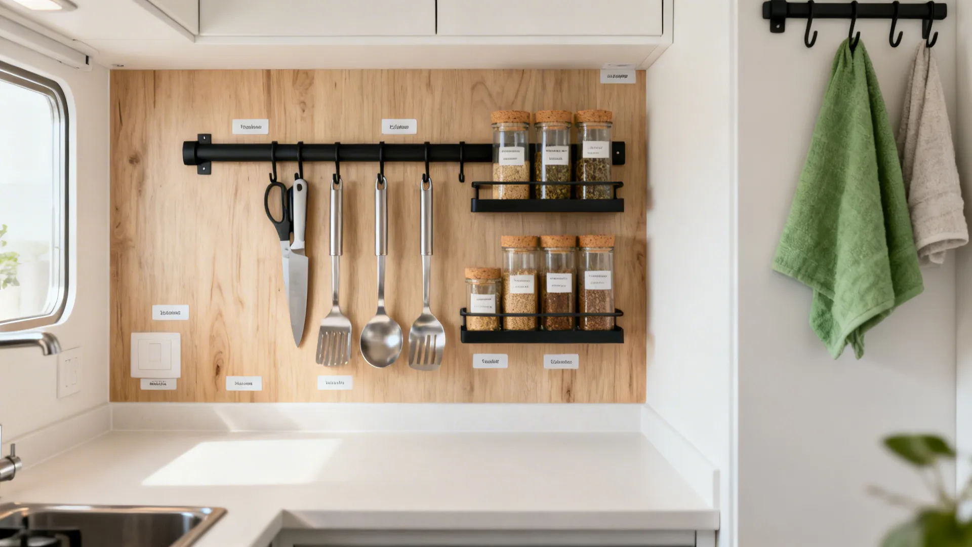 No-drill magnetic strip and adhesive rails organize knives, utensils, and spices in a small kitchen.