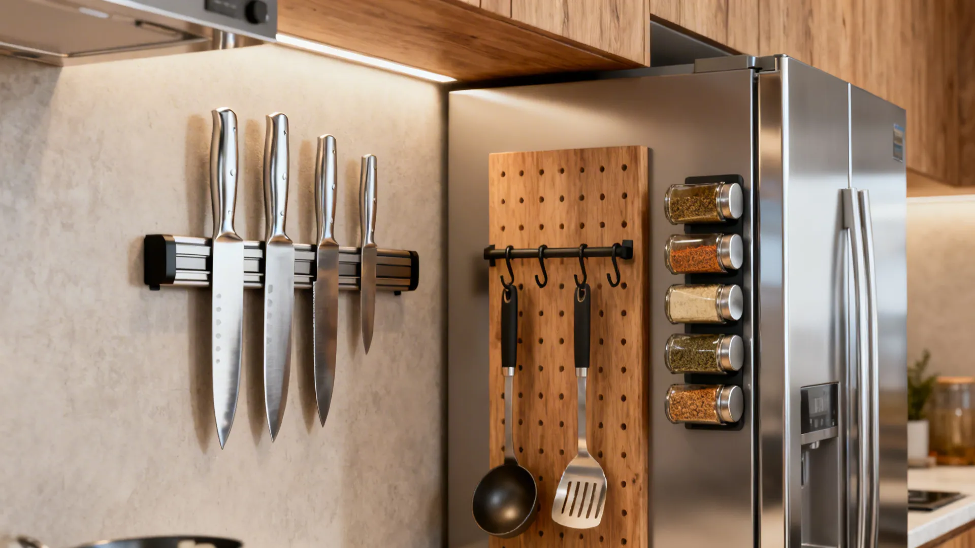 Magnetic knife holder on wall with wooden board for cooking tools beside a metal fridge