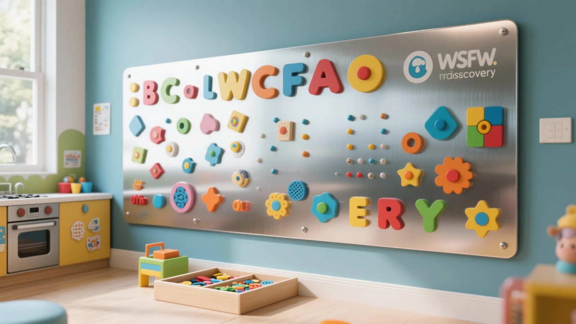 Large metal board on blue wall with colorful magnetic alphabet letters and various geometric shapes