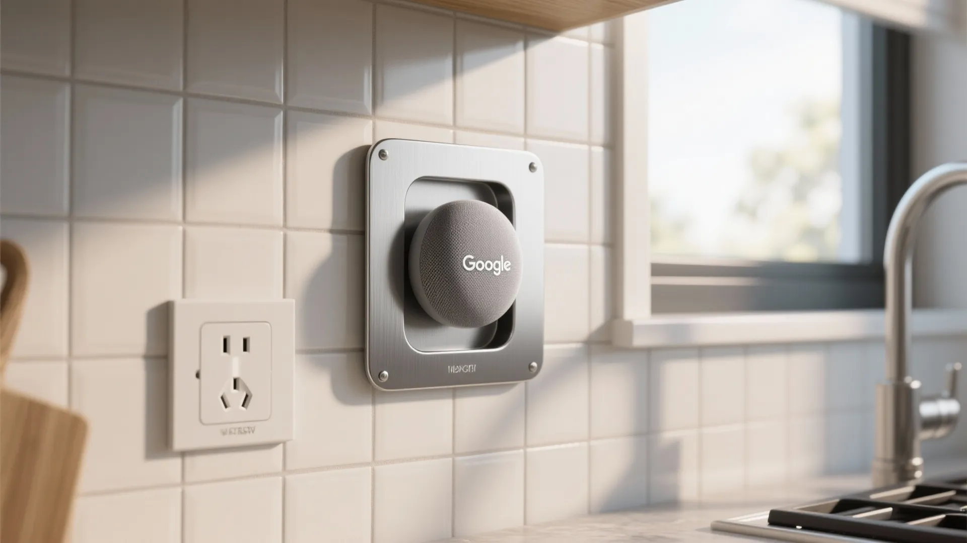 Small grey smart speaker mounted on a square metal wall plate in a white kitchen