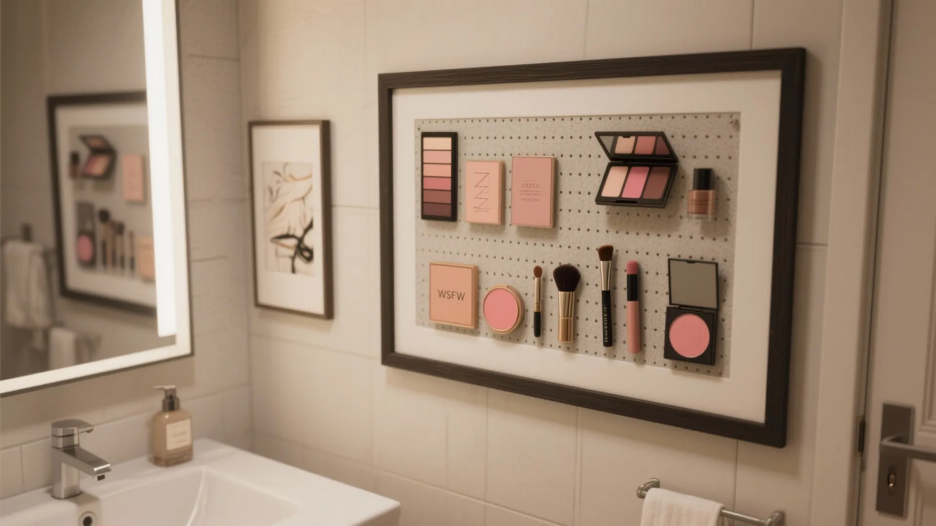 Magnetic wall board with framed black border displaying makeup brushes and pink beauty products neatly