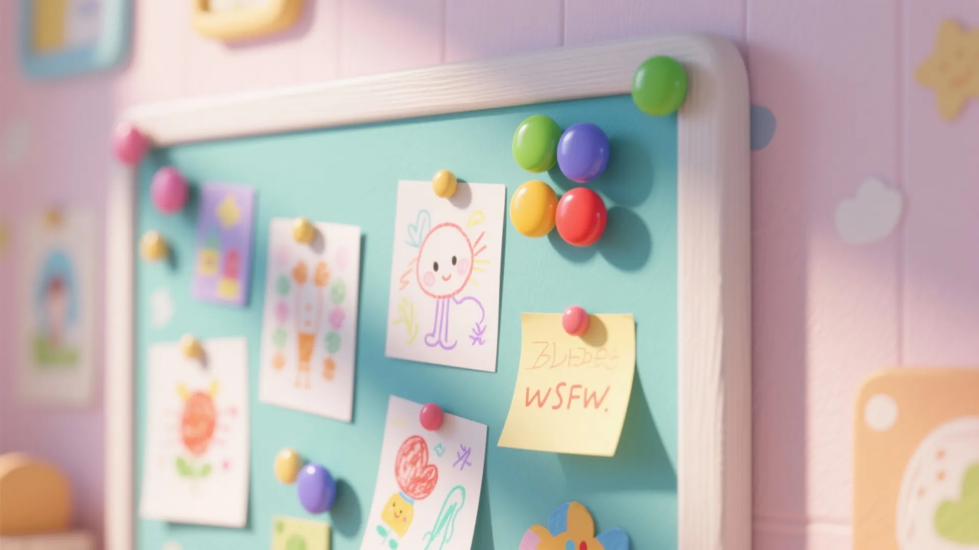 Kids magnetic wall panel holding colorful artwork