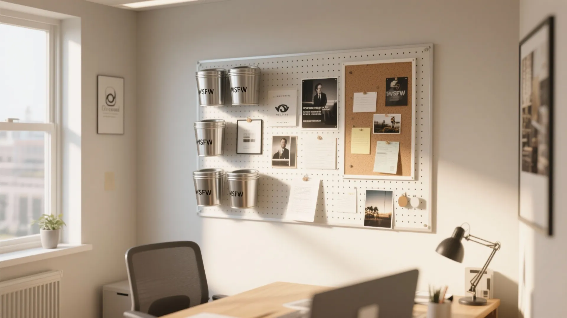 Wall mounted white pegboard with metal storage bins and notes above a modern office desk setup