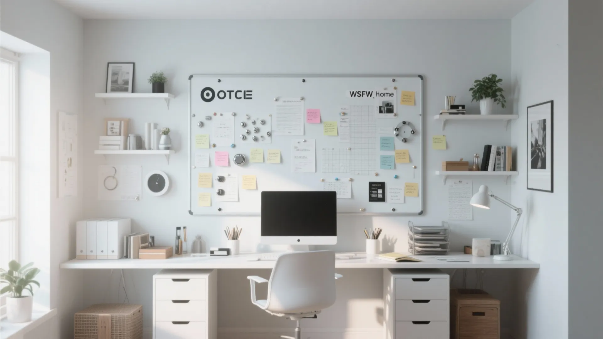 Clean white home office desk with computer chair large whiteboard storage drawers and wall shelving
