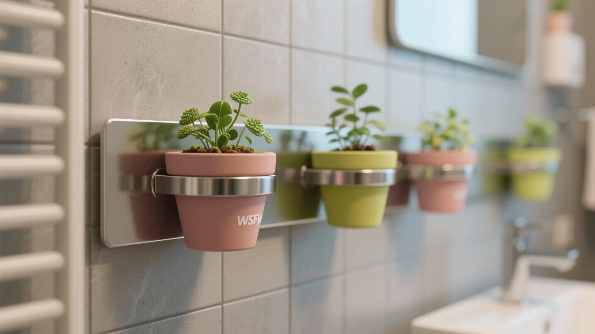 Small green plants in colorful pink and yellow pots mounted on a grey tiled wall