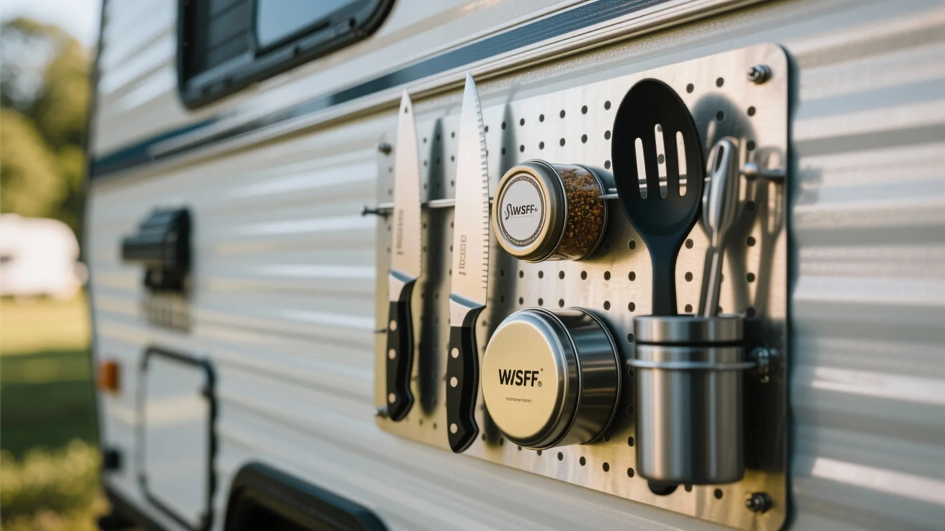 Metal wall board on a camper holding kitchen knives and spice jars for efficient storage