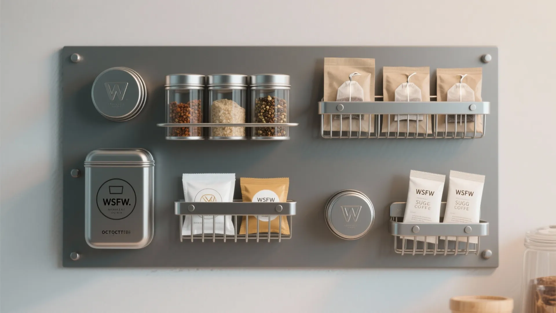 Magnetic wall organizer holding tea bags spice jars and metal containers in a clean kitchen