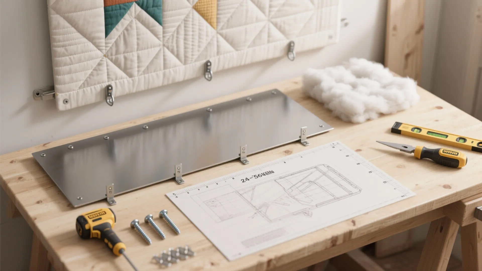 Interior design drawing on wooden table with metal panel tools screws and white cotton material