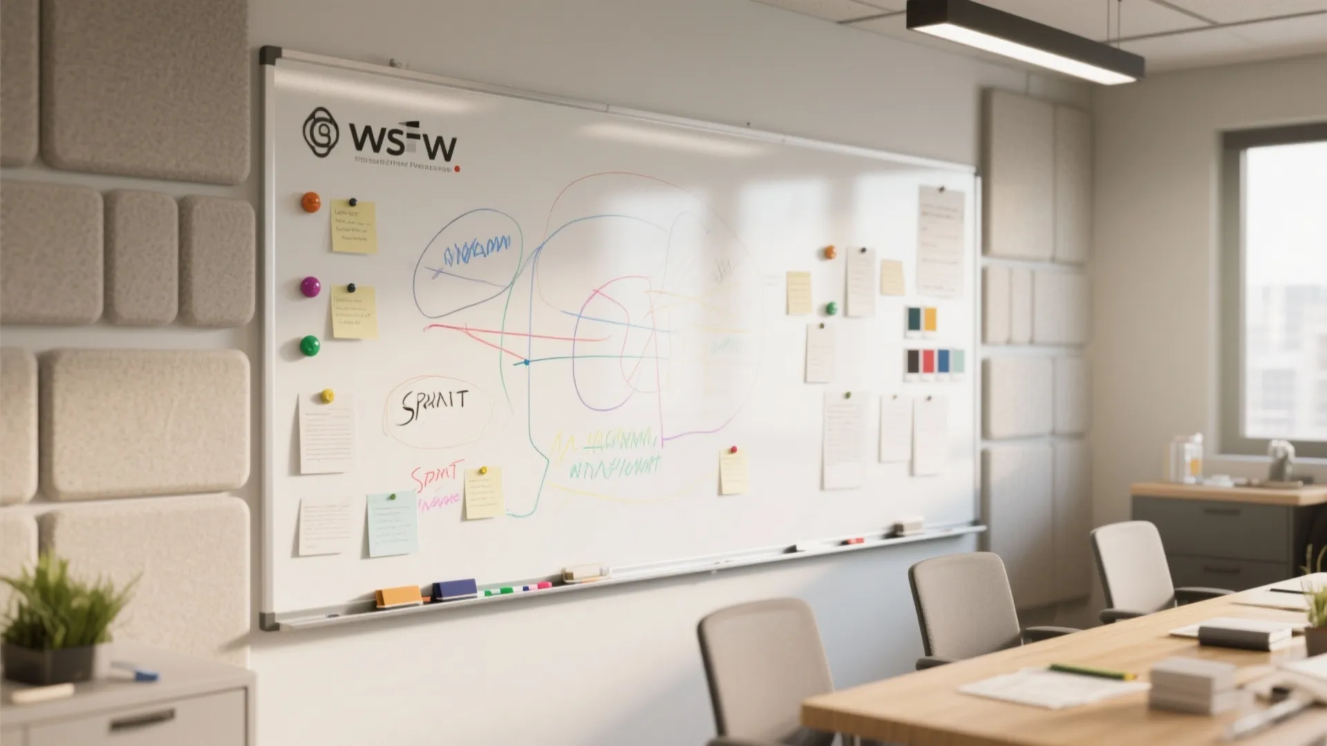 Large white board with sticky notes and colorful drawings in a bright modern office space