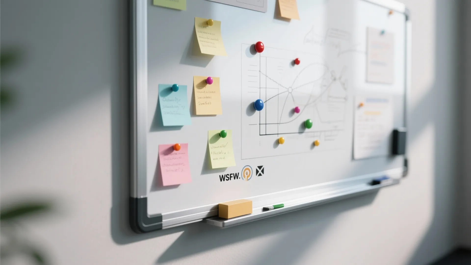 Close-up of a magnetic whiteboard with notes and diagrams