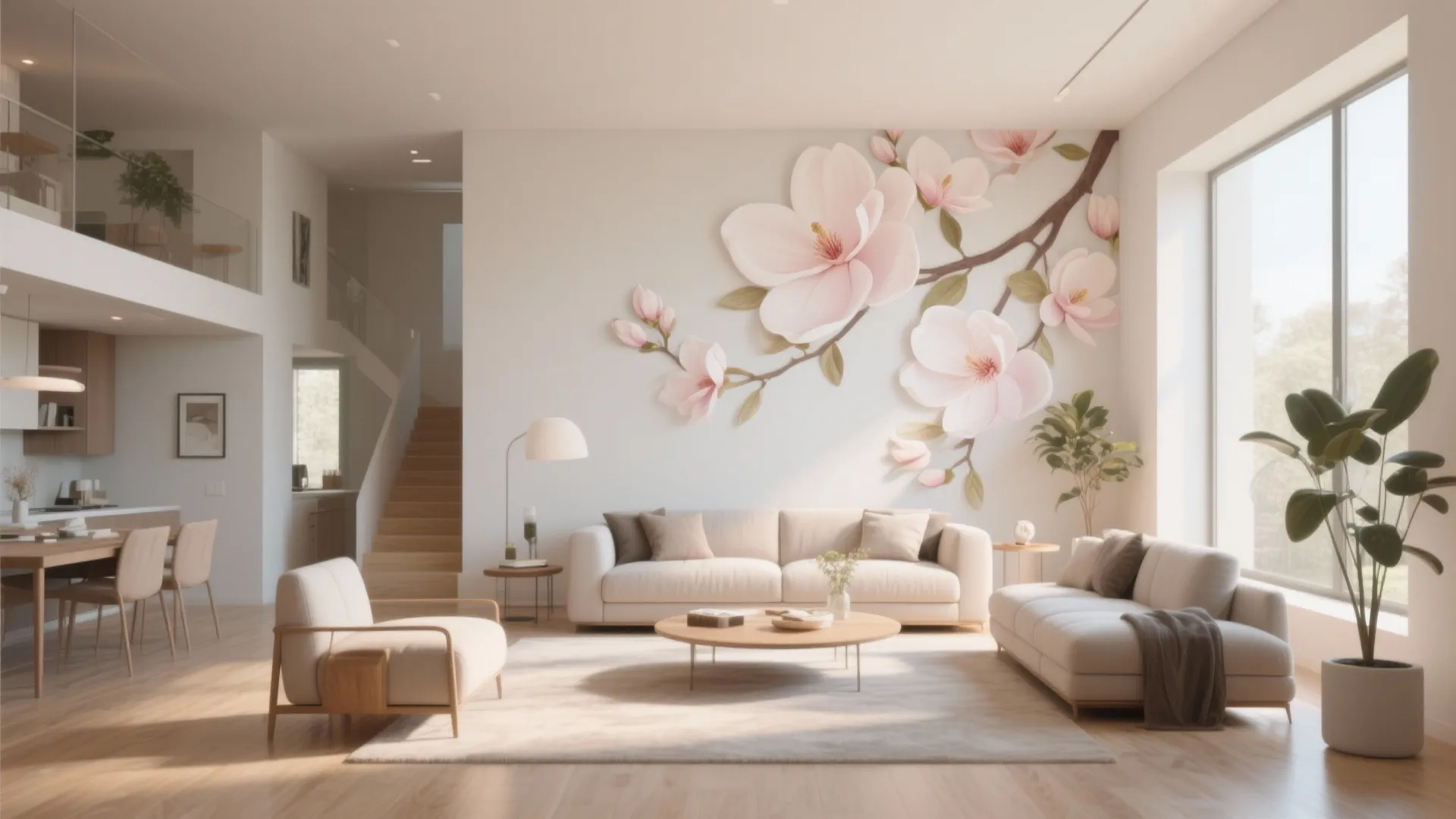 Open plan living room with magnolia accent wall