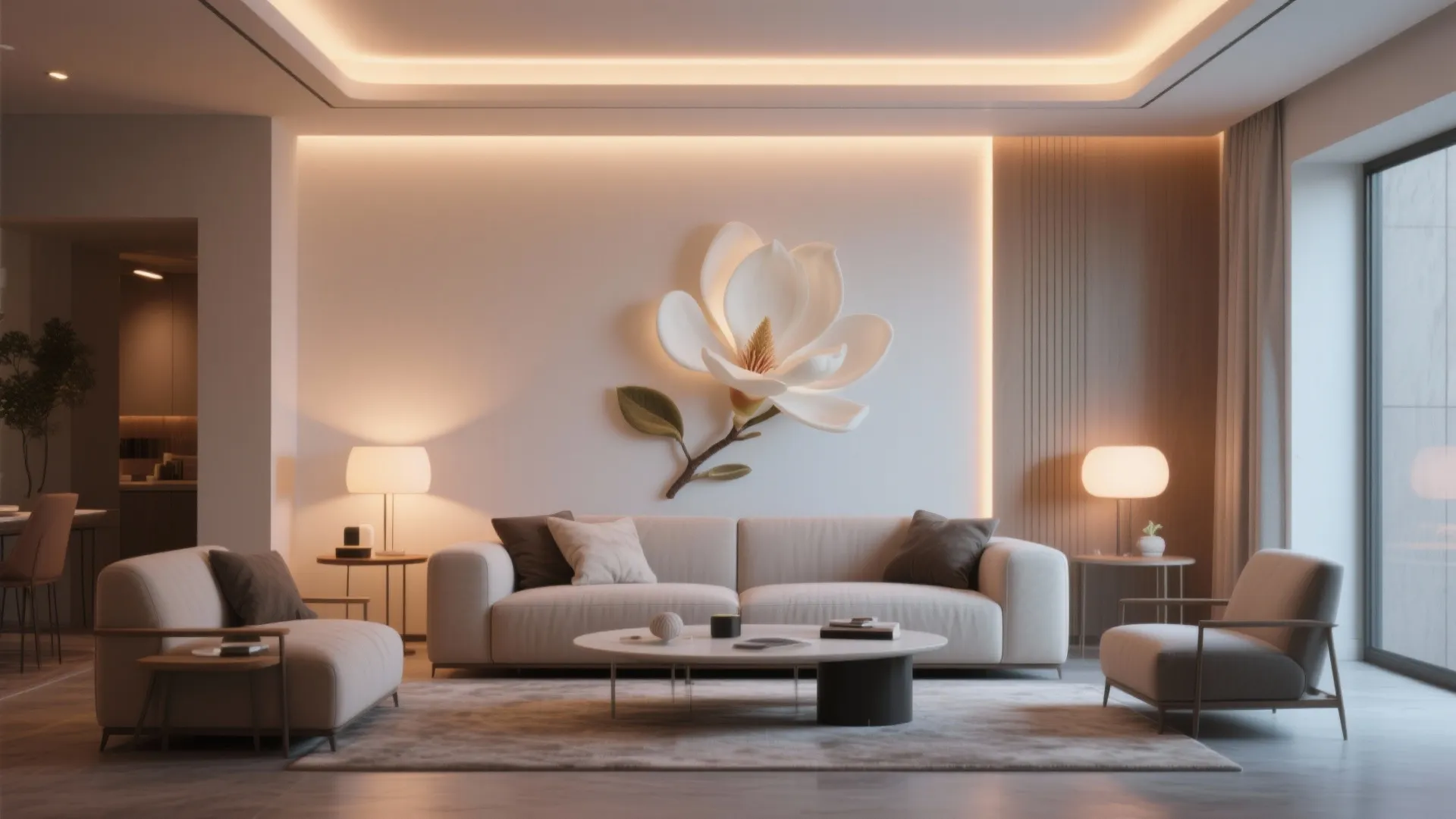 Warm-lit living room with magnolia accent wall