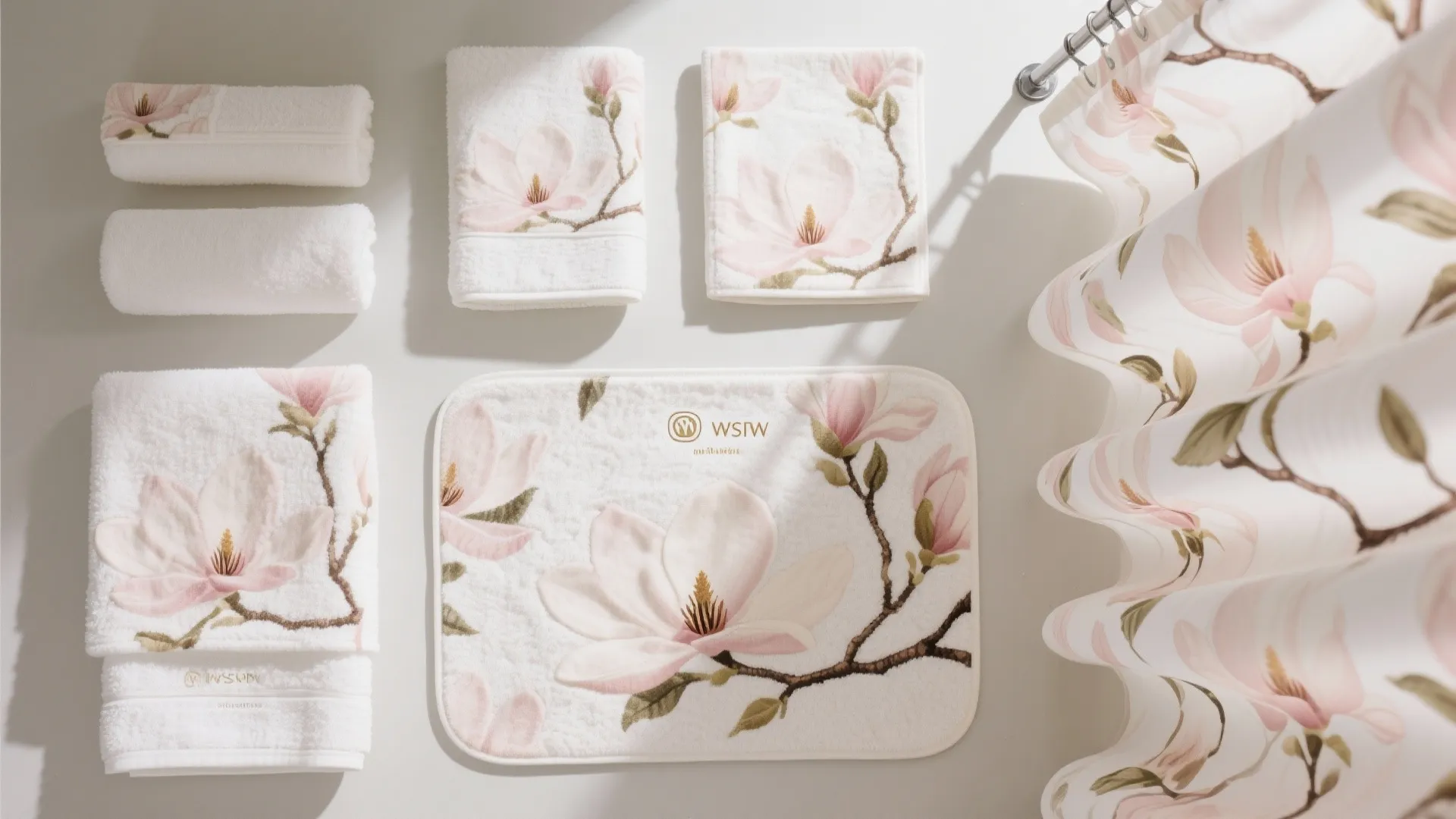 White towels and bath mat with pink flower patterns arranged neatly next to a matching curtain