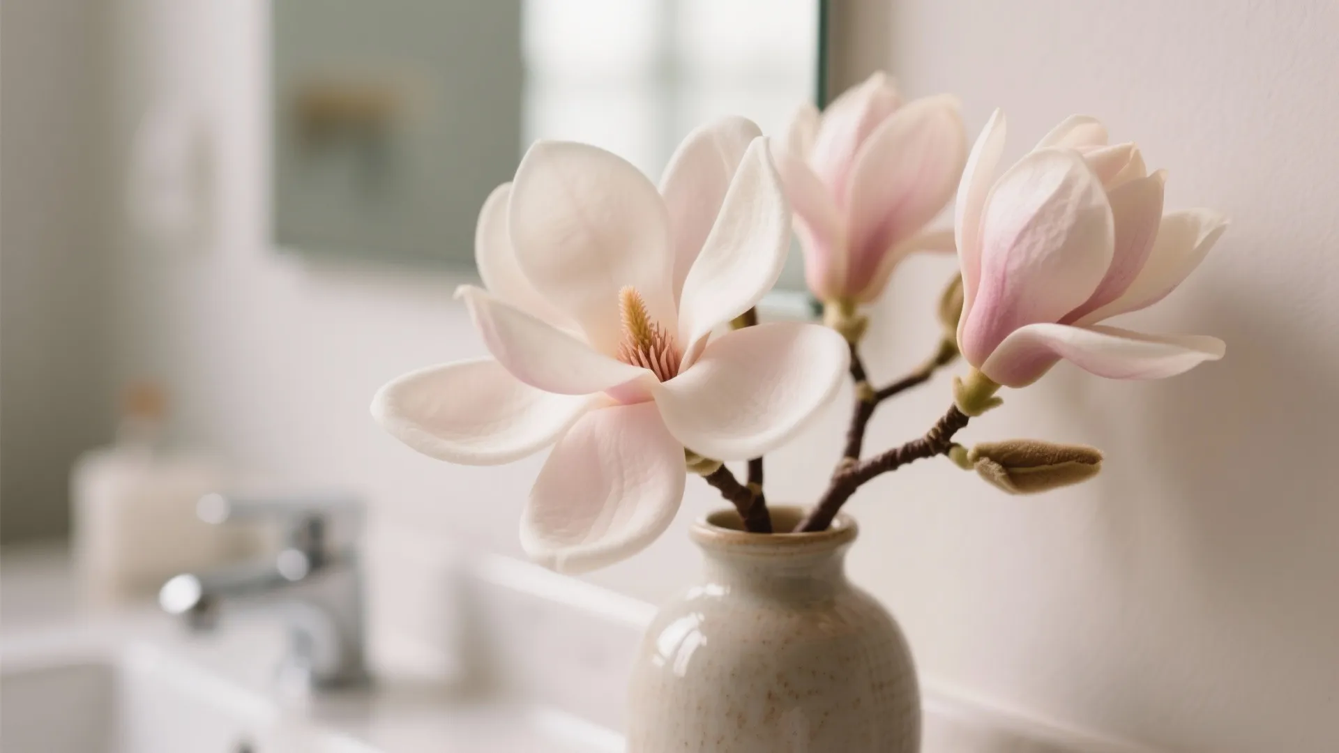 Close up of pink flowers in a small vase sitting on a white bathroom counter