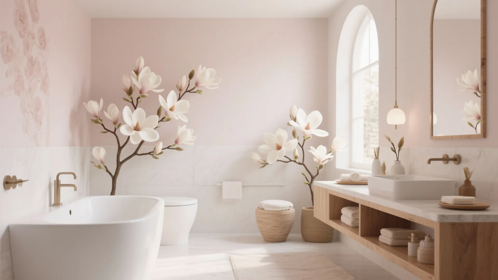 Modern pink bathroom interior design with white bathtub wooden cabinet mirror and large window light