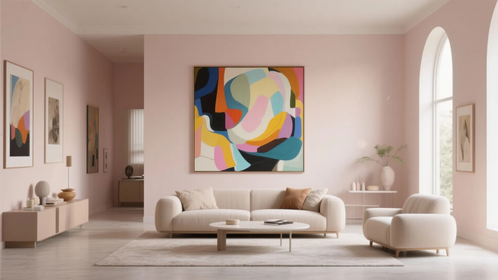 Modern pink living room with white sofa, coffee table, colorful abstract wall art, and armchair