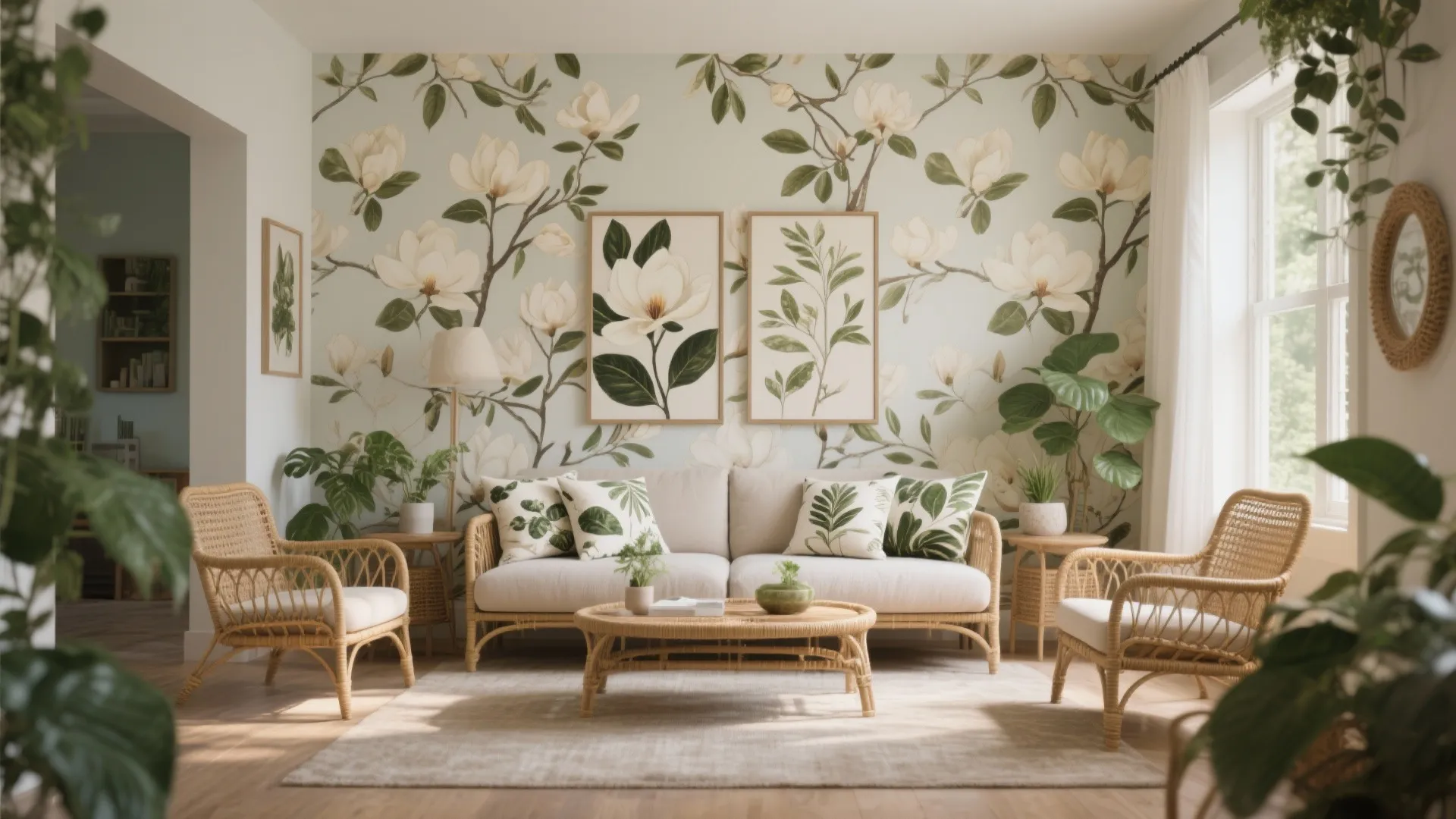 Magnolia living room styled with botanical print cushions and art