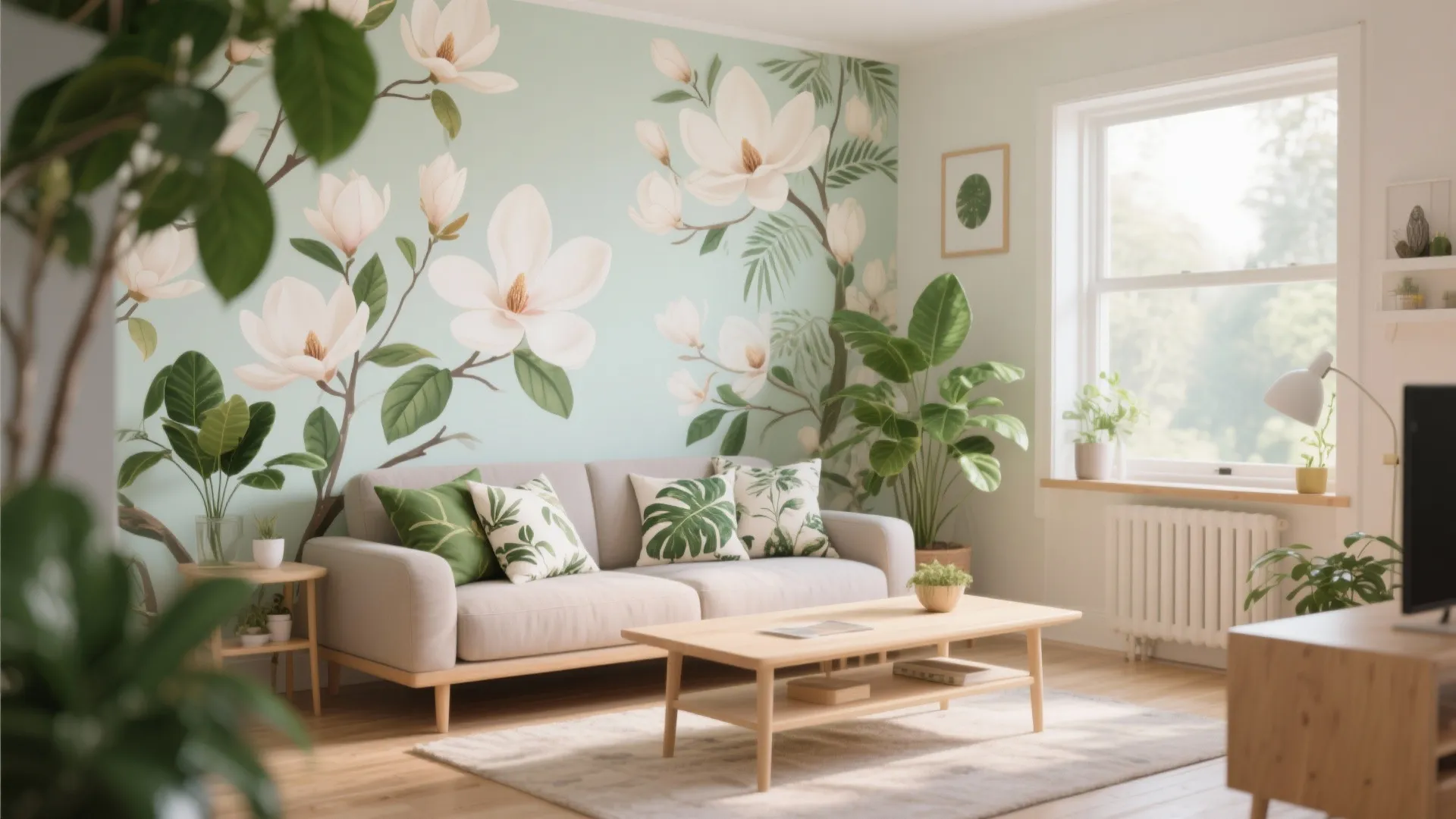 Magnolia walls with leafy botanical cushions and plants