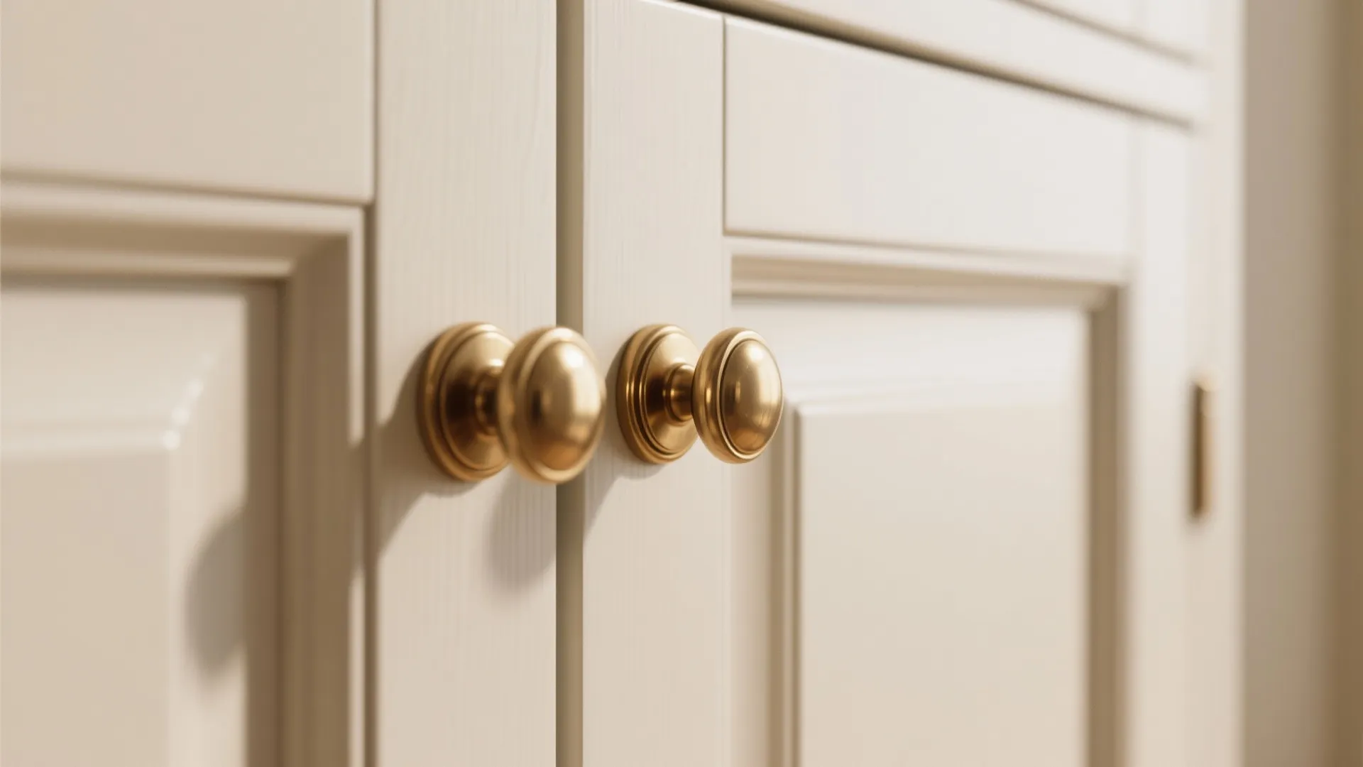 Brushed brass handles on magnolia-painted furniture surface