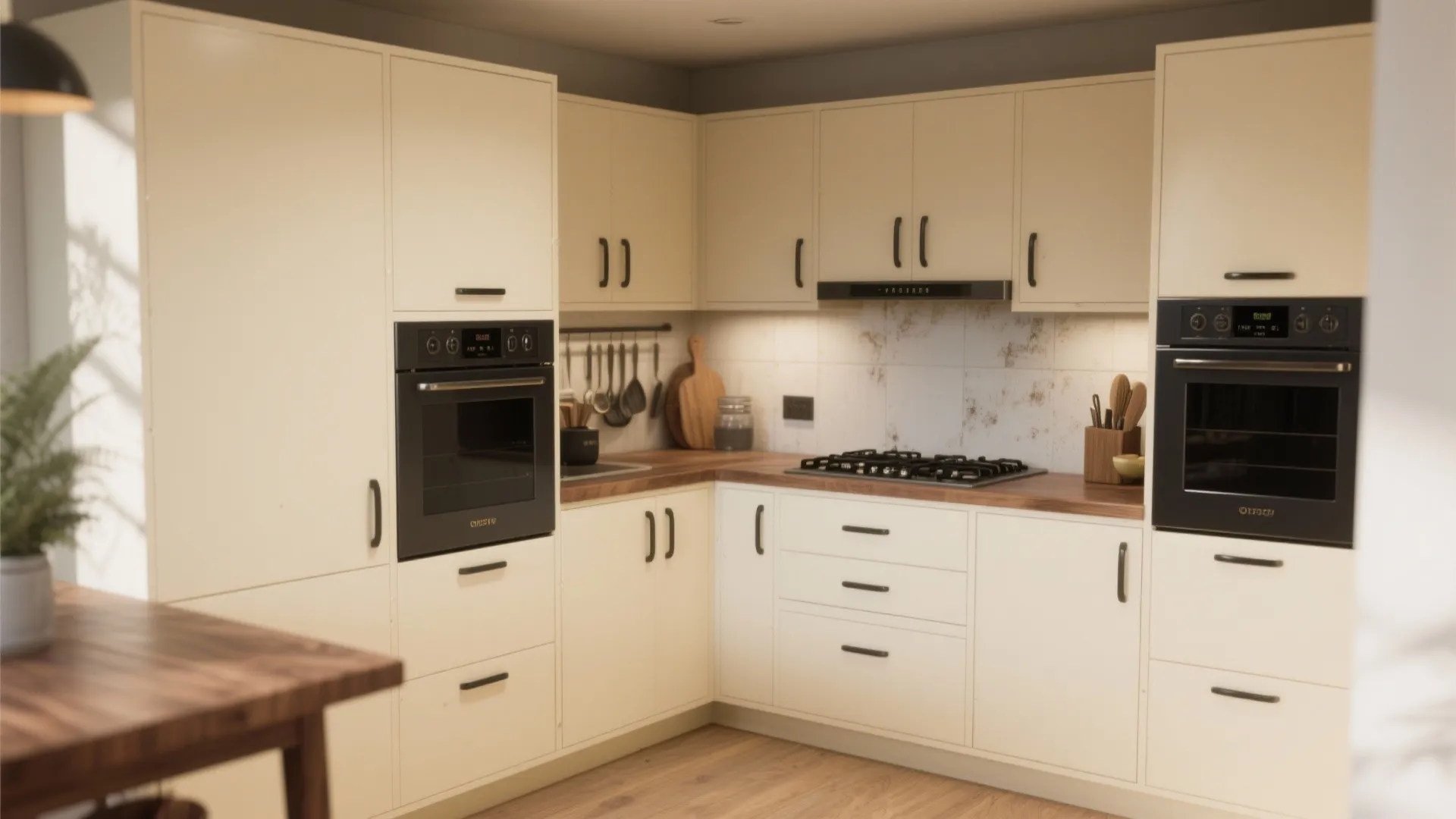 Kitchen with Magnolia cream lower cabinets, matte black hardware and wooden countertop.