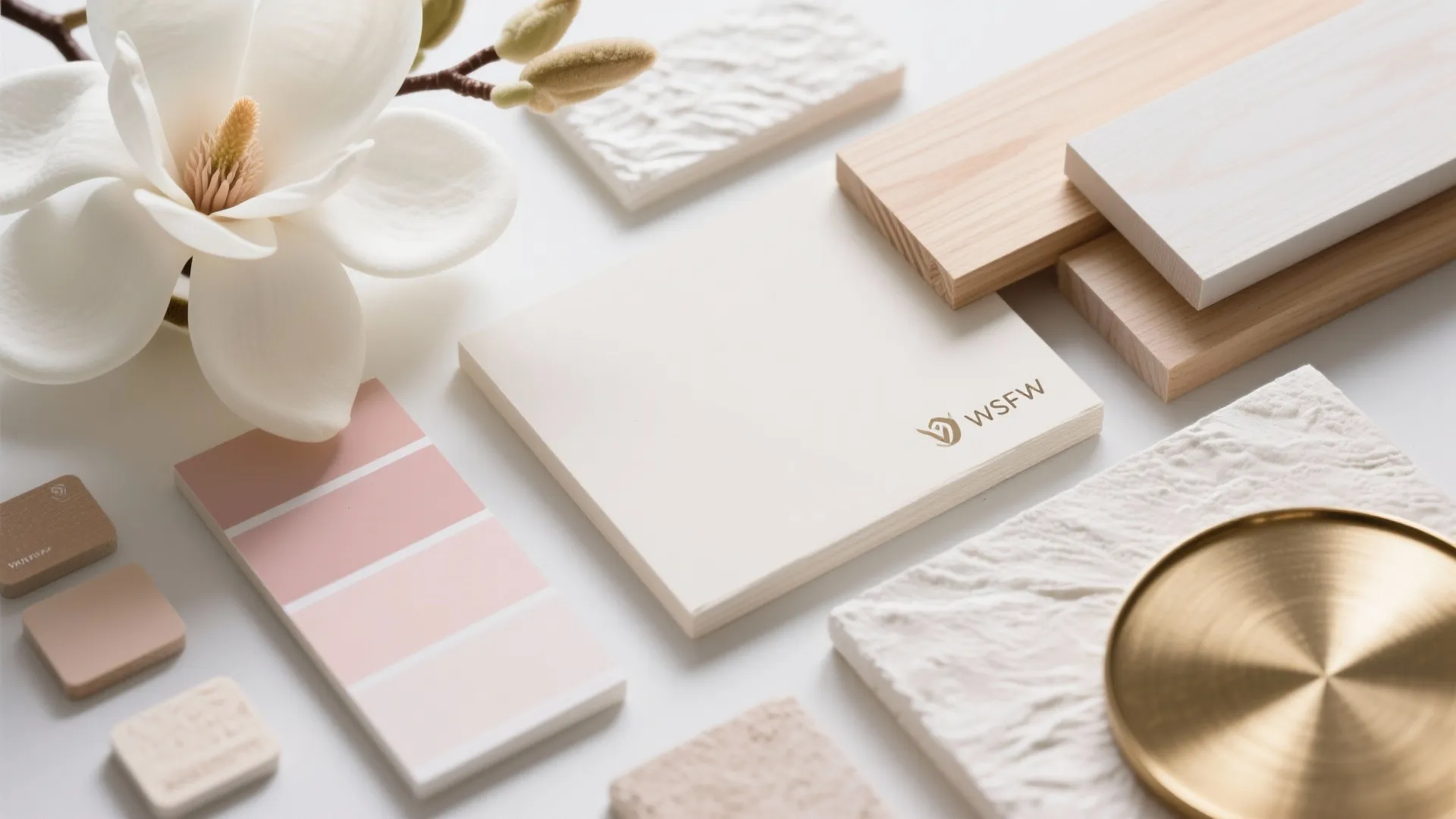 Interior design mood board with wood samples pink color cards white textured tiles and flower