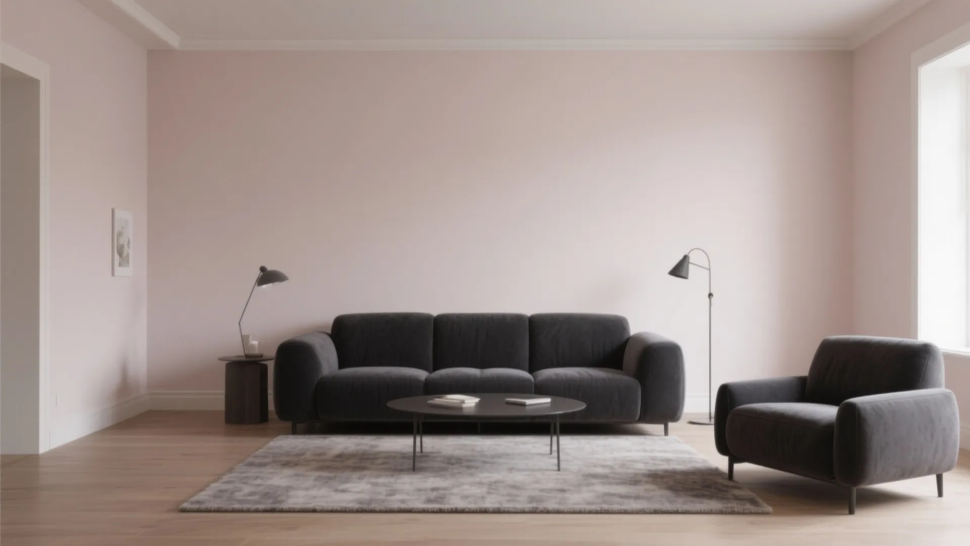 Dark sofa contrasted against magnolia wall