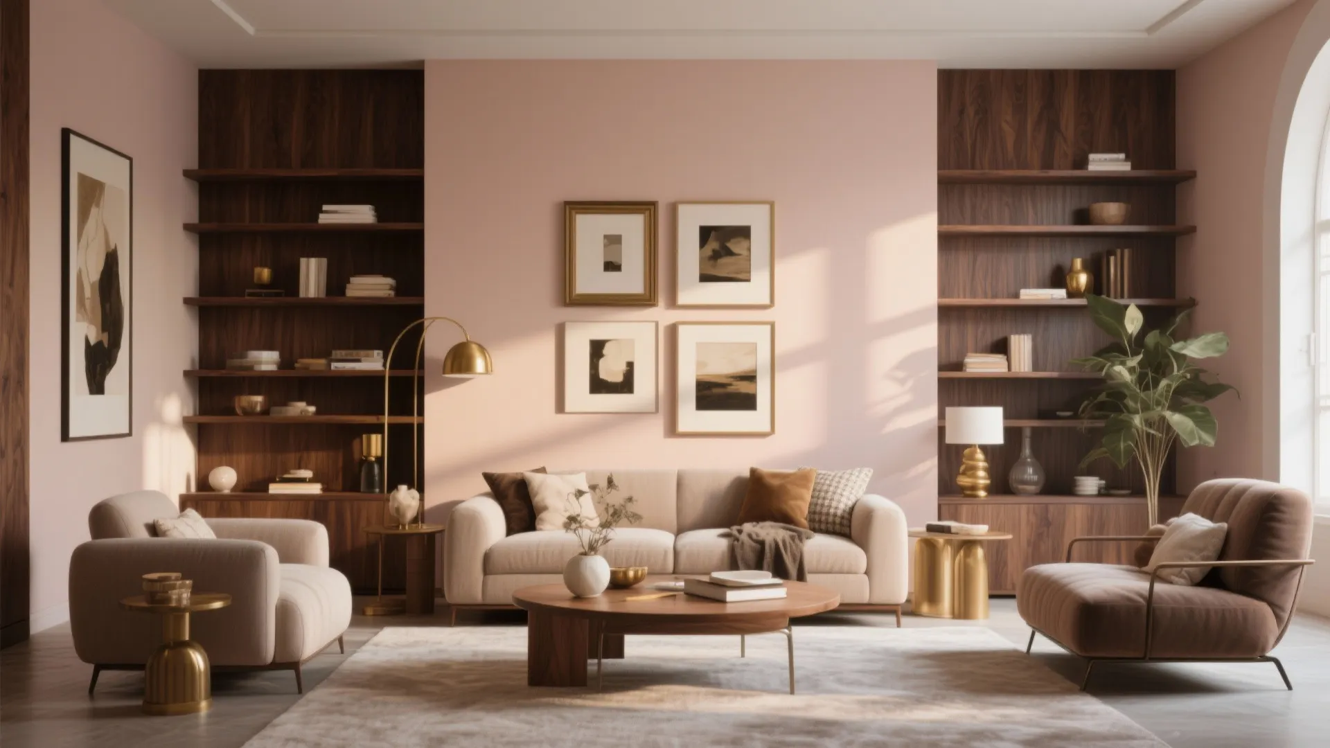 Modern living room with pink walls dark wood shelves beige sofa and round coffee table