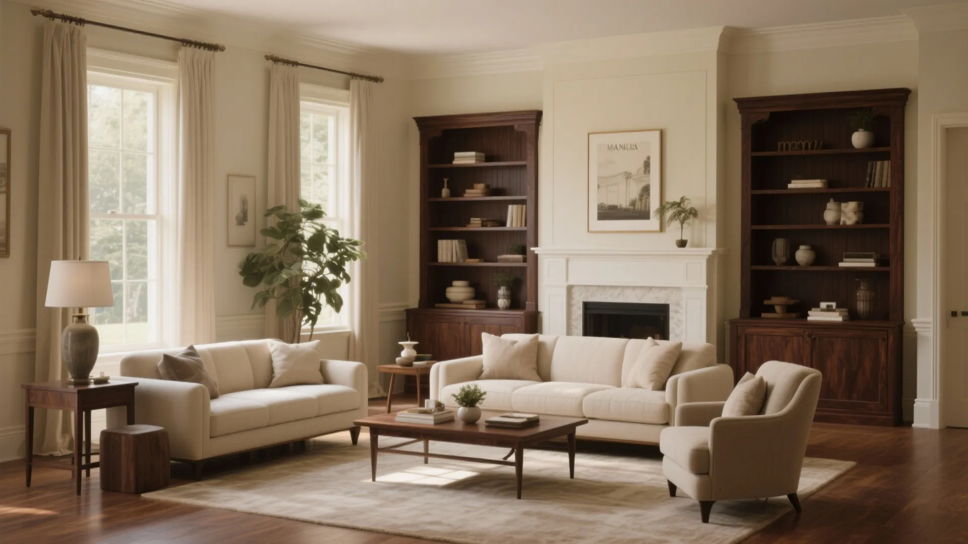 Magnolia walls paired with dark walnut wood shelving for elegant contrast