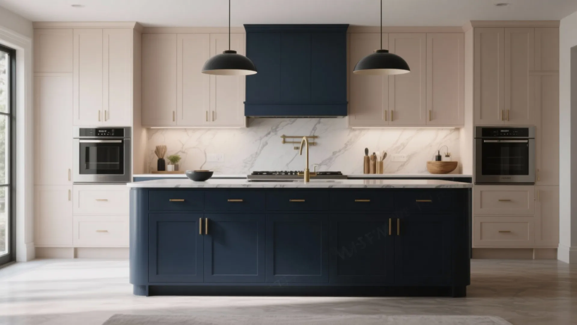 Kitchen with a deep navy island and magnolia upper cabinets creating dramatic contrast.