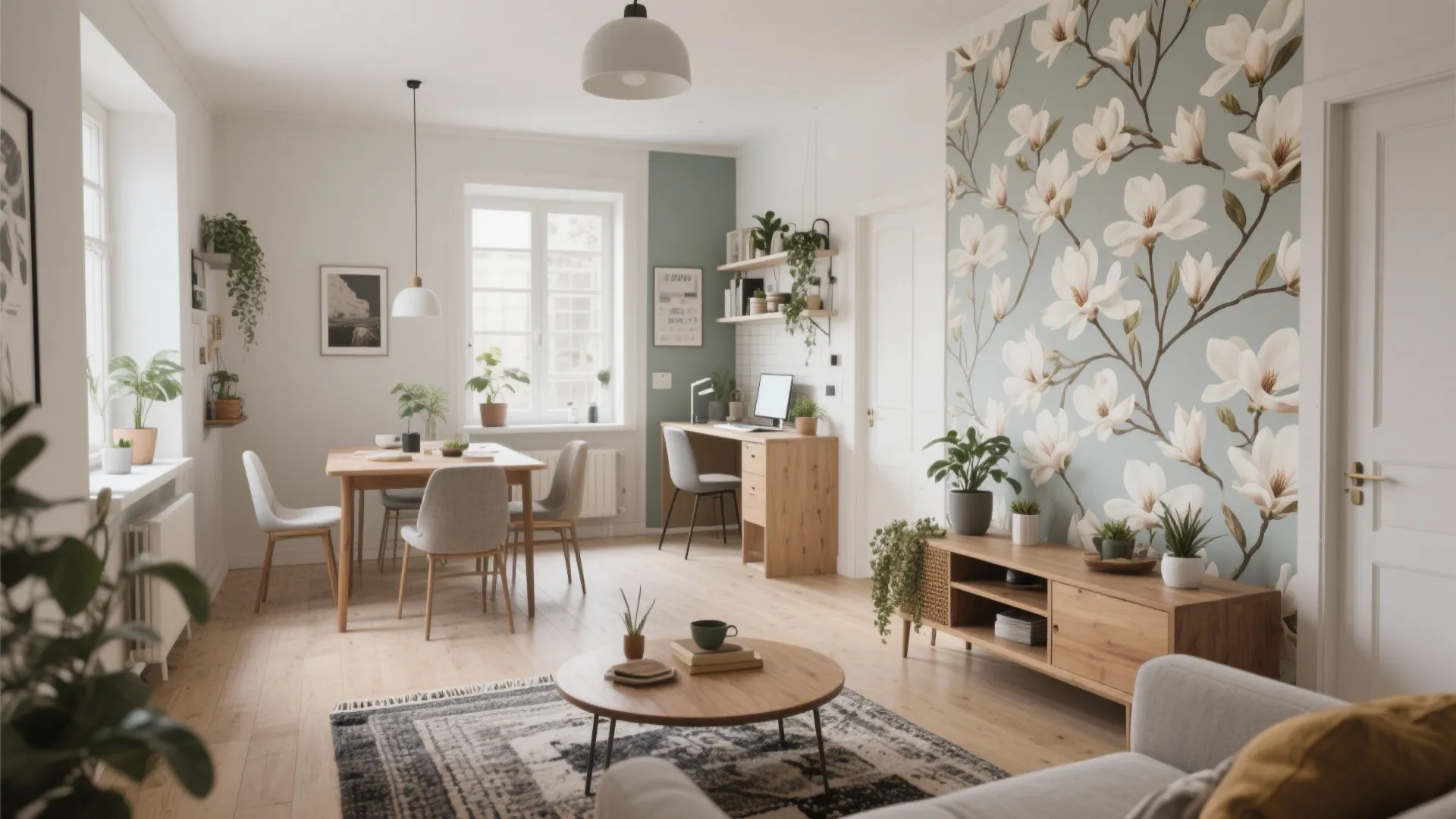 Open-plan apartment showing visual flow using the same magnolia family across living, dining and a small home office