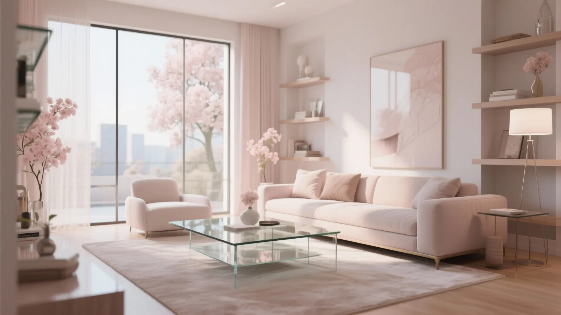 Magnolia living room with glass table and shelving for open, airy feel