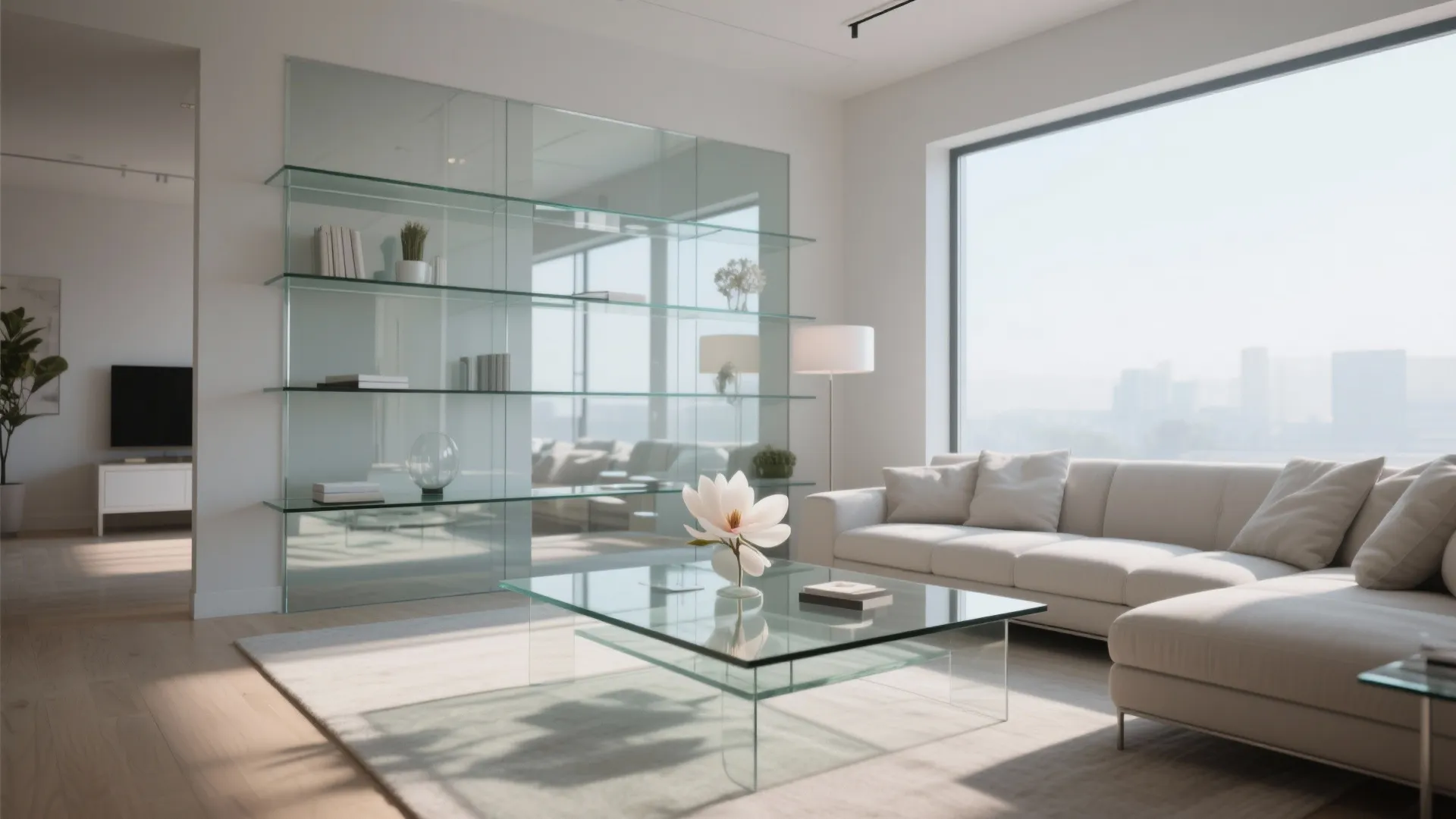 Magnolia living room with glass coffee table and shelves
