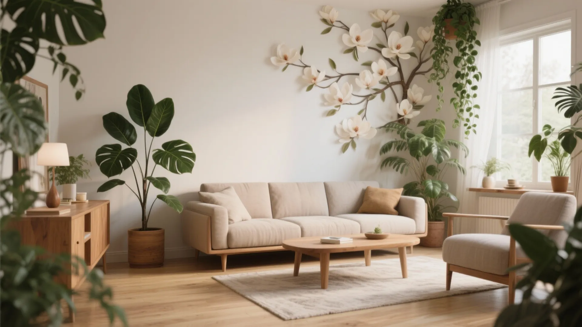 Modern bright living room with cream sofa wood coffee table indoor plants and wall art