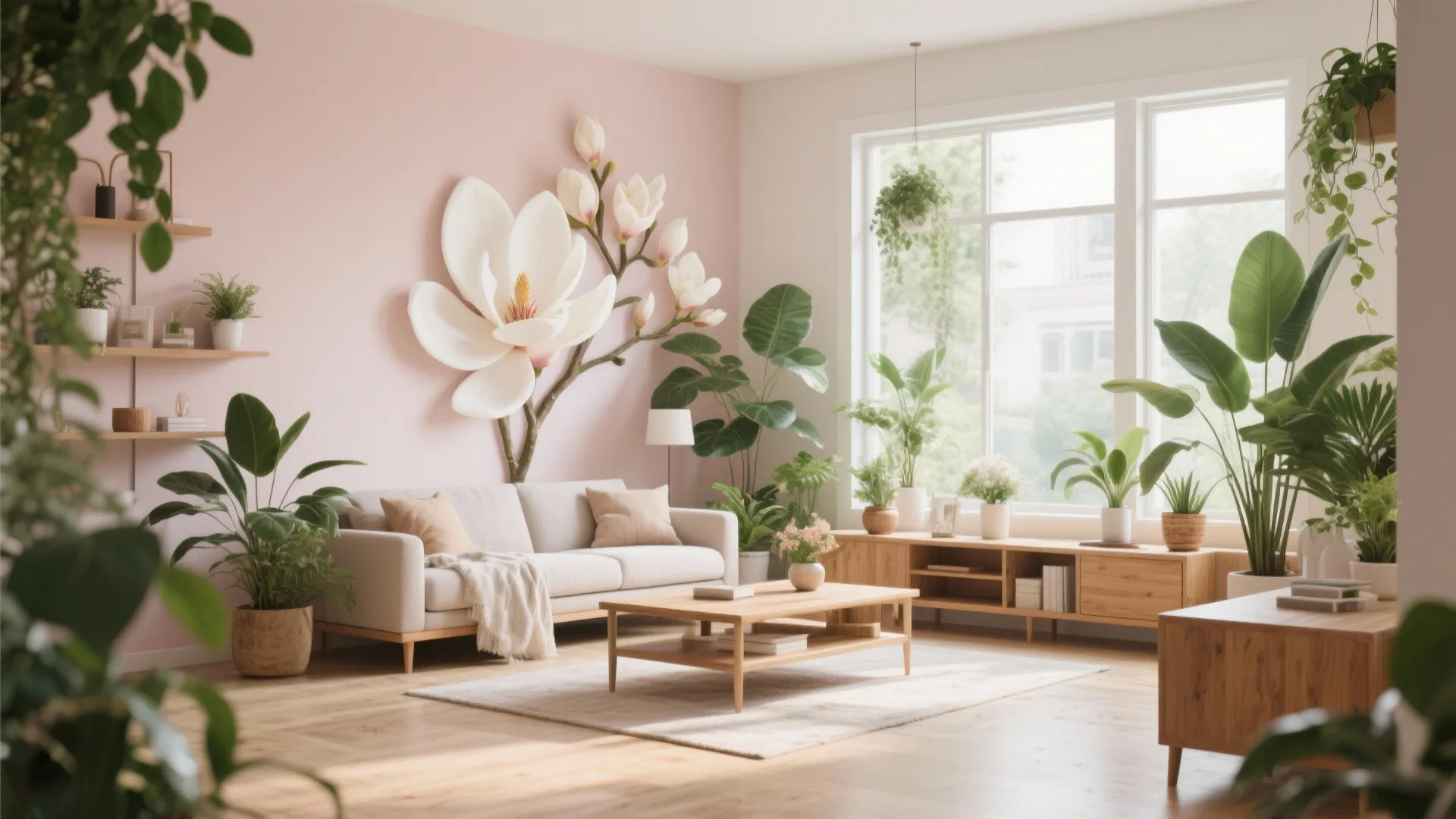 Lush greenery against magnolia wall