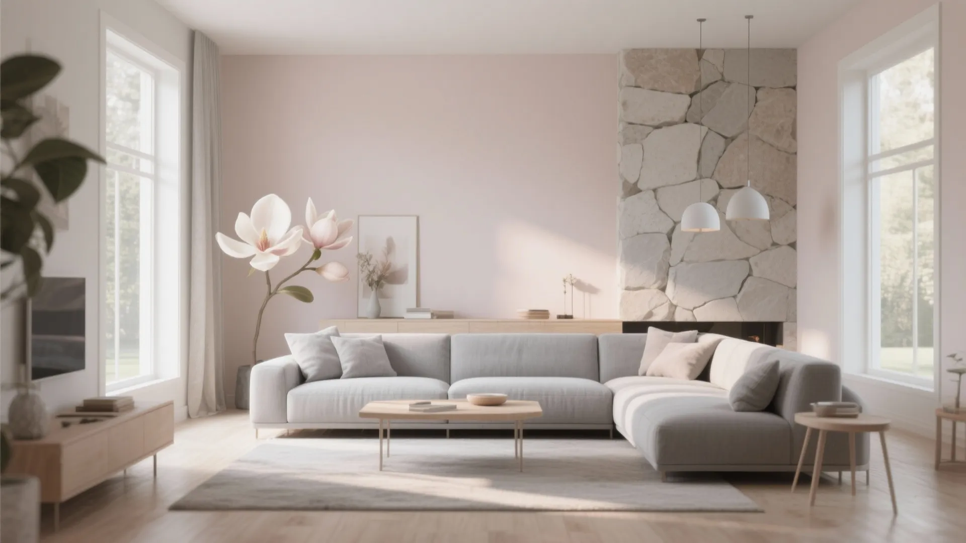 Magnolia and soft grey elements create a modern airy living space