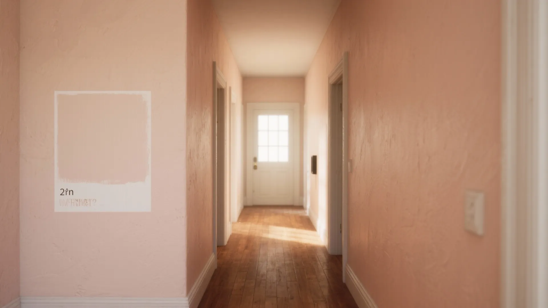 Narrow hallway painted magnolia showing a sample swatch and warm light expanding the space