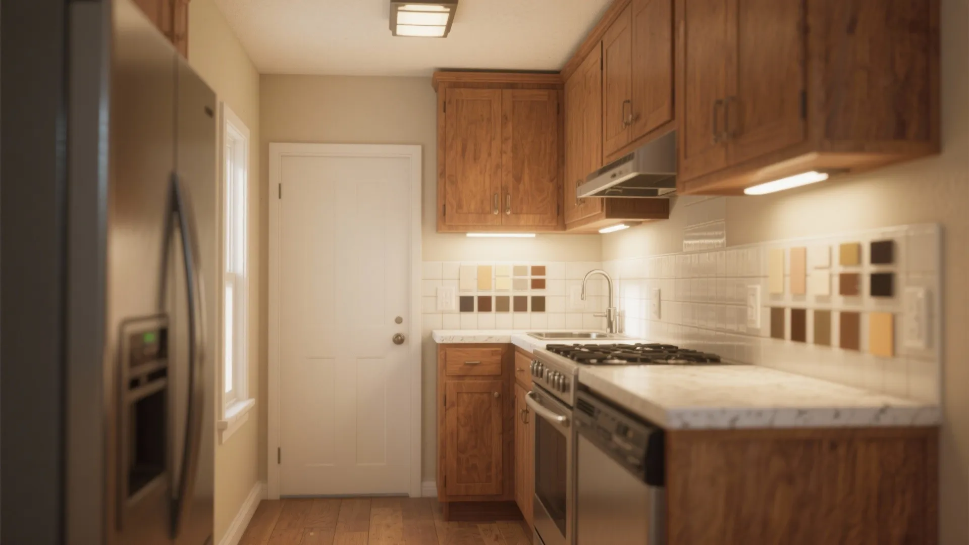 Compact kitchen with magnolia walls, wood cabinets, and sample swatches near the backsplash under mixed warm lighting